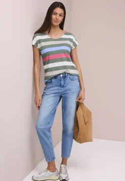T-Shirt mit gerundetem V-Neck und Streifen