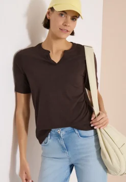 T-Shirt mit Split Neck in Unifarbe