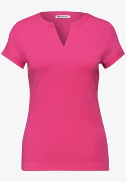 T-Shirt mit Split Neck und Satindetails