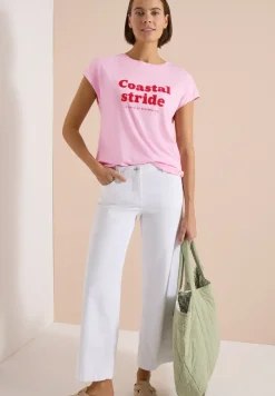 T-Shirt mit Boatneck und Wording Print