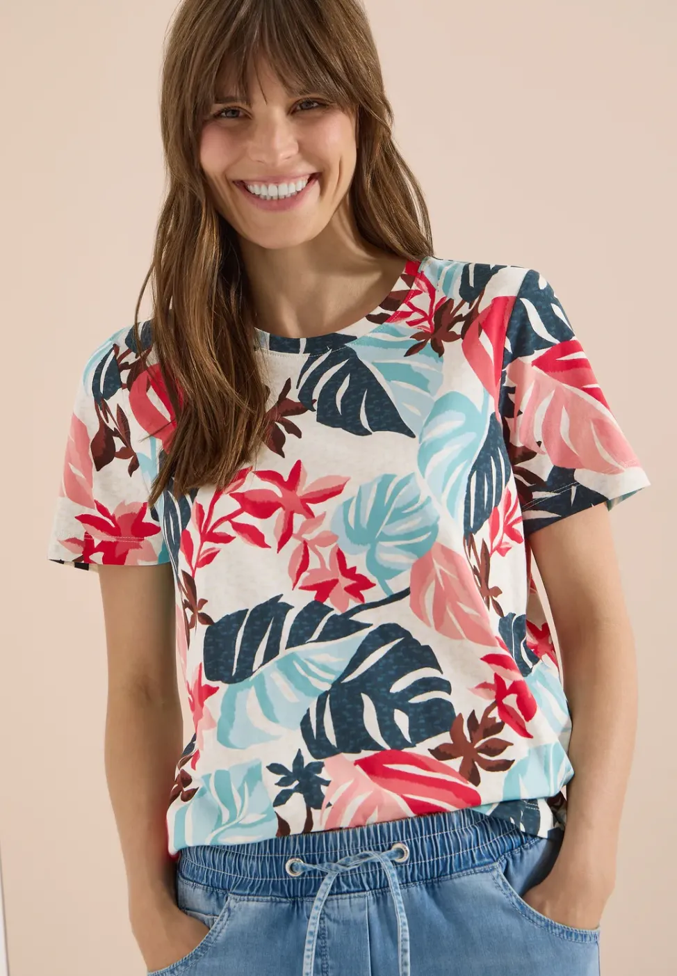 T-Shirt mit Rundhals und Blätterprint