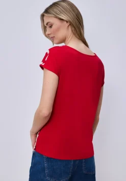 T-Shirt mit Split Neck und Frontprint