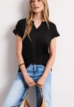 T-Shirt mit Split Neck und Knopfdetails