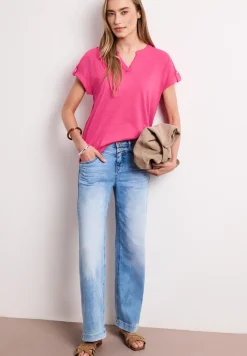 T-Shirt mit Split Neck und Knopfdetails