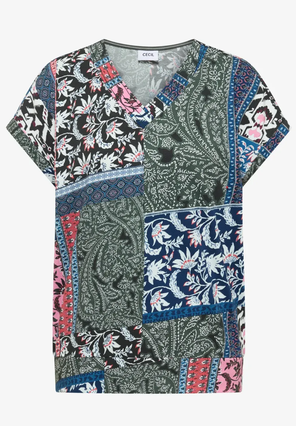 T-Shirt mit V-Neck und Patchwork-Print
